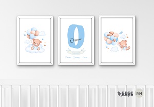 Set of Three Nursery Prints in frames M4